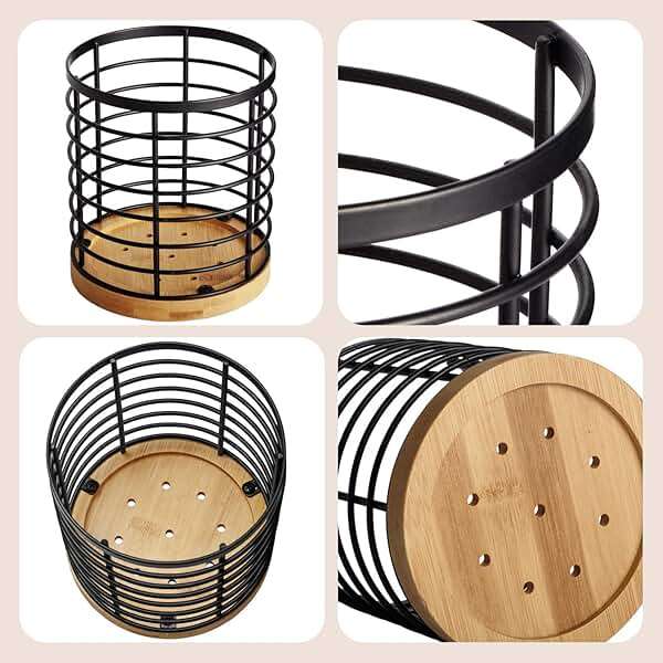 WDT Tool Utensil holder for Kitchen Counter - 5.2" x 5.2" x 6" Large Round with Wooden Base Matte Black Cooking Utensil Holder Utensil Organizer (Metal+Bamboo) - Image 4