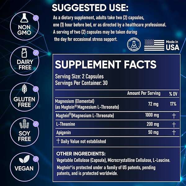 Clinically Studied – Premium High Absorption Magnesium Sleep Supplement – Magnesium L-Threonate L-Theanine Apigenin – Sleep & Stress Support – Third Party Tested – Made in USA – Gluten Free - Image 3