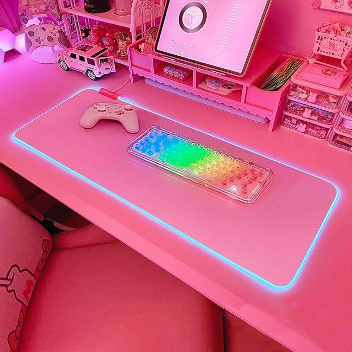 JMIYAV Pink RGB Gaming Mouse Pad 31.5x12 Inch PC XL Large Extended Glowing Led Light Up Desk Pad Non-Slip Rubber Base Computer Cute Mousepad Mat Desk Accessories Gaming Setup 31.5x12 Inch - Image 1