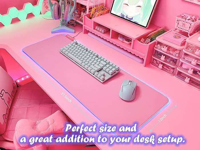 JMIYAV Pink RGB Gaming Mouse Pad 31.5x12 Inch PC XL Large Extended Glowing Led Light Up Desk Pad Non-Slip Rubber Base Computer Cute Mousepad Mat Desk Accessories Gaming Setup 31.5x12 Inch - Image 3