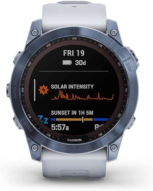 Garmin Fenix 7X Sapphire Solar, Adventure Smartwatch, w/Solar Charging Capabilities, Rugged Outdoor GPS Watch, Touchscreen, Wellness Features, Mineral Blue Titanium w/Whitestone Band (Renewed) - Image 2