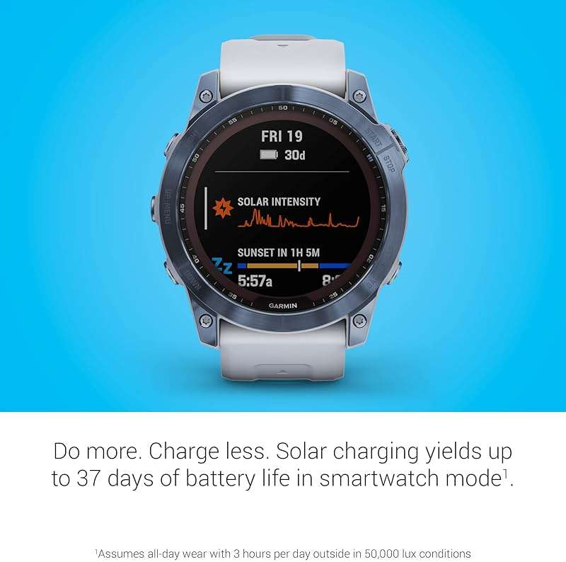 Garmin Fenix 7X Sapphire Solar, Adventure Smartwatch, w/Solar Charging Capabilities, Rugged Outdoor GPS Watch, Touchscreen, Wellness Features, Mineral Blue Titanium w/Whitestone Band (Renewed) - Image 3