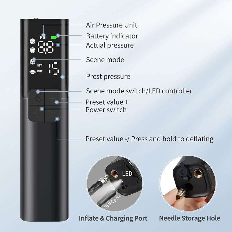 Pumteck MY01 Electric Ball Pump with Inflation & Deflation, Accurate Pressure Gauge and 4 Preset Modes, Automatic Ball Pump for Basketball, Soccer, Football and Volleyball (Max 15 PSI) - Image 3