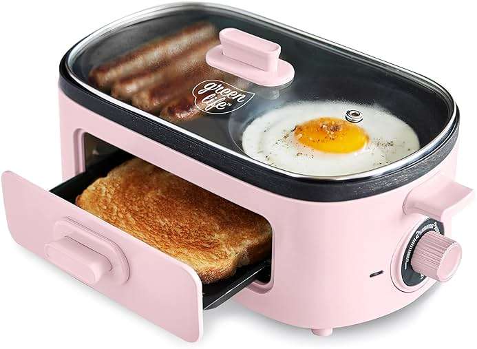 GreenLife 3-in-1 Breakfast Maker Station, Healthy Ceramic Nonstick Dual Griddles for Eggs Meat Sausage Bacon Pancakes and Breakfast Sandwiches, 2 Slice Toast Drawer, Easy-to-use Timer, Pink - Image 1