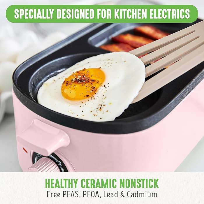 GreenLife 3-in-1 Breakfast Maker Station, Healthy Ceramic Nonstick Dual Griddles for Eggs Meat Sausage Bacon Pancakes and Breakfast Sandwiches, 2 Slice Toast Drawer, Easy-to-use Timer, Pink - Image 2