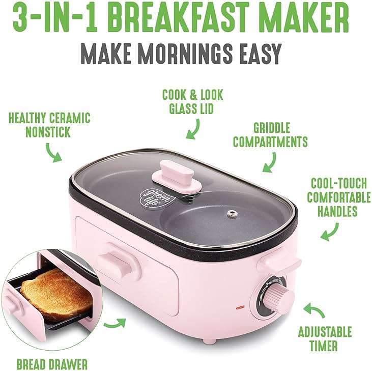 GreenLife 3-in-1 Breakfast Maker Station, Healthy Ceramic Nonstick Dual Griddles for Eggs Meat Sausage Bacon Pancakes and Breakfast Sandwiches, 2 Slice Toast Drawer, Easy-to-use Timer, Pink - Image 3