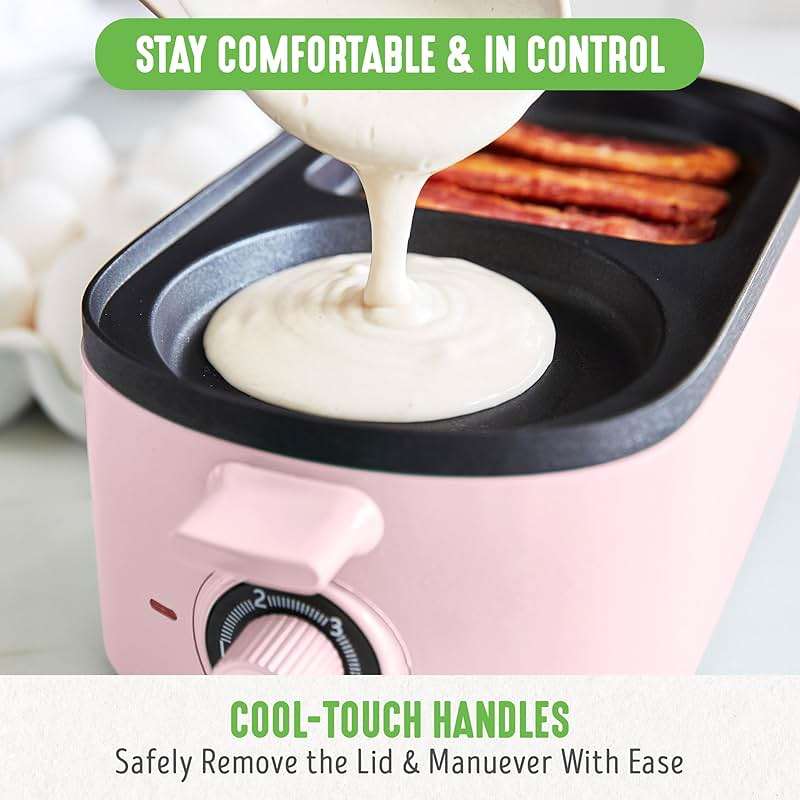 GreenLife 3-in-1 Breakfast Maker Station, Healthy Ceramic Nonstick Dual Griddles for Eggs Meat Sausage Bacon Pancakes and Breakfast Sandwiches, 2 Slice Toast Drawer, Easy-to-use Timer, Pink - Image 6