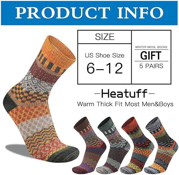 Heatuff Mens Warm Wool Socks Thermal Winter Thick Crew Pattern Socks Cold Weather 5 Pairs - Image 5