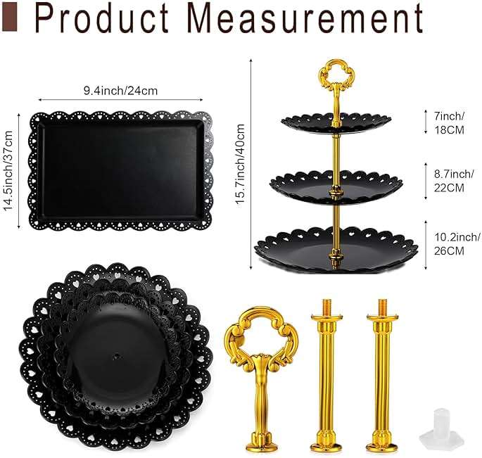 Potchen 9 Pcs Black Cake Stand Set Dessert Table Includes 6 Rectangle Cupcake Stand and 3 Pcs Round 3-Tier Serving Tray Display for Wedding Birthday Party(Flower Style) - Image 3