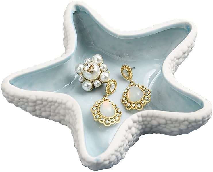 Linfye Starfish Jewelry Dish Tray - Ceramic Ring and Trinket Holder - Ocean Style Table Decoration for Earrings and Candy Storage - Image 1