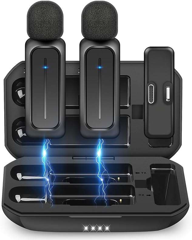 Ecomxia 2 Pcs Wireless Lavalier Microphone for iPhone iPad Android with Charging Case 7H Clip on Lapel Microphone Wireless for Video Recording Vlogging, YouTube, Interview, 3 Mode Denoise, 70ft - Image 1