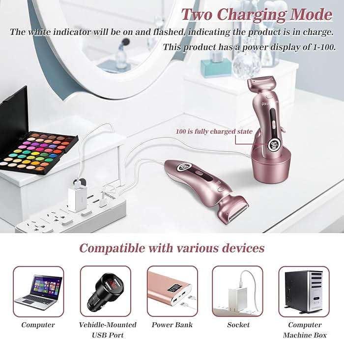 Electric Shaver for Women for Legs Bikini Trimmer Electric Razors for Women Underarm Public Hairs Rechargeable Womens Shaver Wet Dry Use Painless Cordless with Detachable Head (Pink) - Image 6