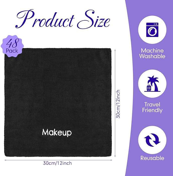 Macarrie 48 Pcs Makeup Towels Gifts Bulk for Women Teacher Graduation Employee 12 x 12 Inch Travel Make up Cloth Microfiber Wash Reusable Remover Face Skin Cleaning Soft Absorbent Spa Facial(Black) - Image 3