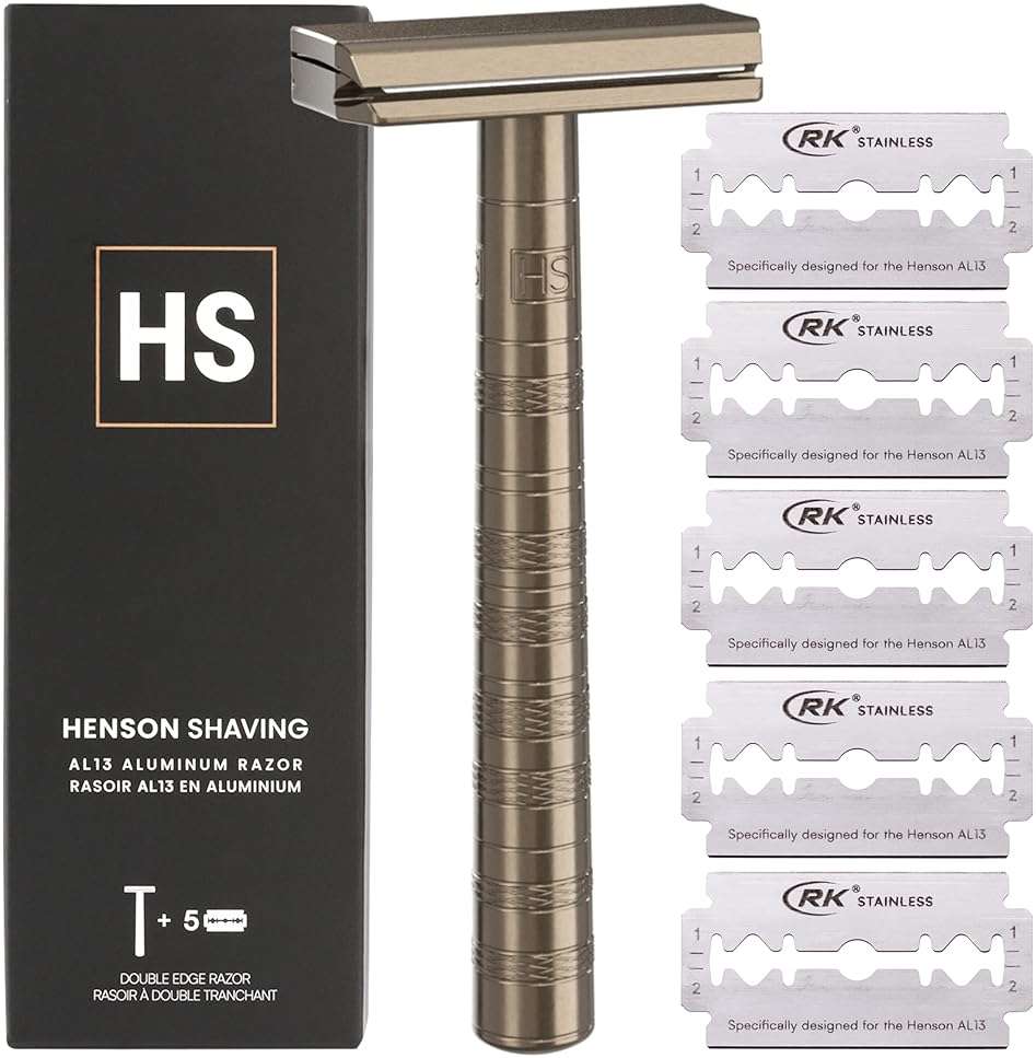 Henson Shaving Razor - Tan Double Edge Safety Razor with 5 Spare Blades - 30° Angled Precision With Superior Blade Rigidity- Reusable Single Blade Razors For Men and Women - Mild Aggression - Image 1