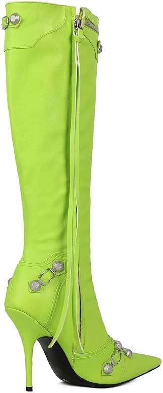 Kluolandi Women's Stiletto High Heel Knee High Boots with Tassel Pointy Toe Studded Zipper Booties Dress Shoes - Image 5