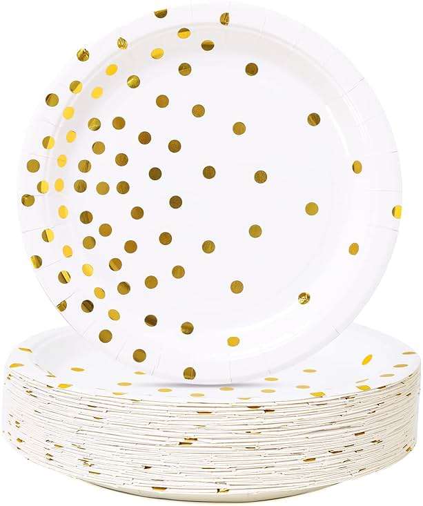 CENLBJ White and Gold Party Supplies, Gold Dot Paper Dessert Plates (50-Count) - Image 1