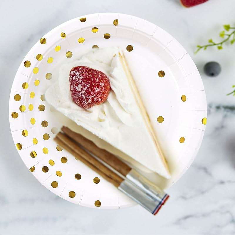 CENLBJ White and Gold Party Supplies, Gold Dot Paper Dessert Plates (50-Count) - Image 2