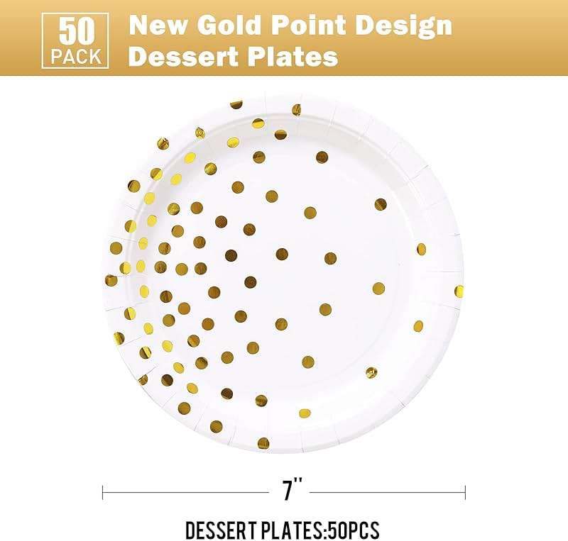 CENLBJ White and Gold Party Supplies, Gold Dot Paper Dessert Plates (50-Count) - Image 3