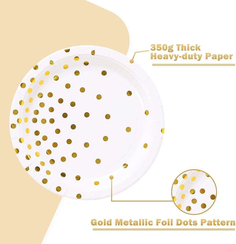 CENLBJ White and Gold Party Supplies, Gold Dot Paper Dessert Plates (50-Count) - Image 4