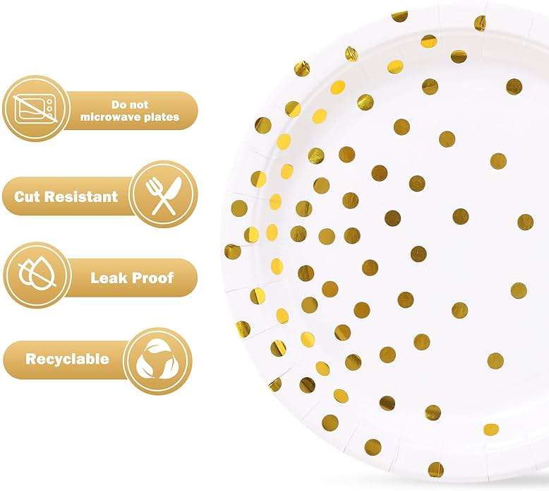 CENLBJ White and Gold Party Supplies, Gold Dot Paper Dessert Plates (50-Count) - Image 5