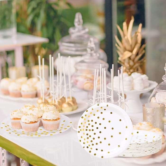 CENLBJ White and Gold Party Supplies, Gold Dot Paper Dessert Plates (50-Count) - Image 7