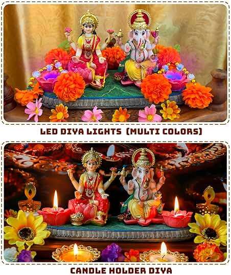 Indian God Ganesha Lakshmi Statue - 5.3”H Indian Idol Laxmi Ganesh with LED Diyas for Diwali Gifts Decor Home Office Mandir Temple Altar Puja Item Hindu Murti Pooja Sculpture - Image 3