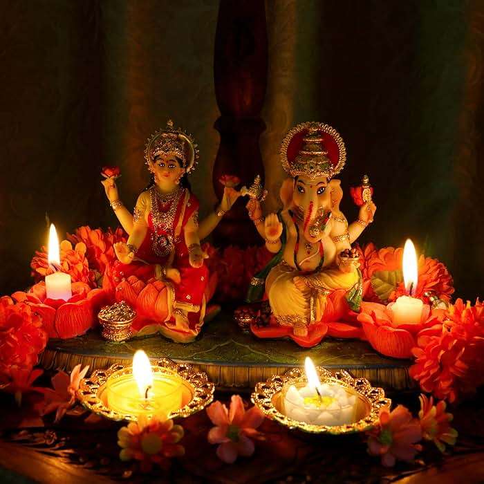 Indian God Ganesha Lakshmi Statue - 5.3”H Indian Idol Laxmi Ganesh with LED Diyas for Diwali Gifts Decor Home Office Mandir Temple Altar Puja Item Hindu Murti Pooja Sculpture - Image 4