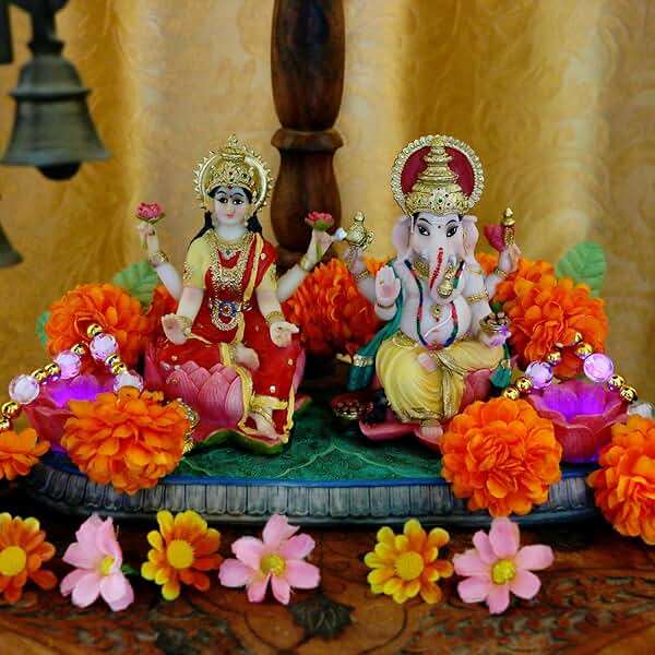 Indian God Ganesha Lakshmi Statue - 5.3”H Indian Idol Laxmi Ganesh with LED Diyas for Diwali Gifts Decor Home Office Mandir Temple Altar Puja Item Hindu Murti Pooja Sculpture - Image 5