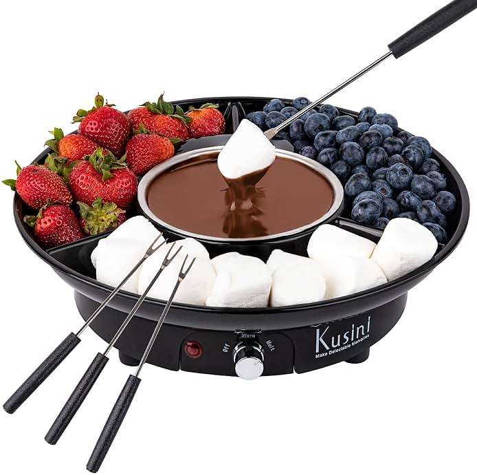 Kusini Electric Fondue Pot Set - Chocolate Fondue Kit - Temperature Control, Detachable Serving Trays, & 4 Roasting Forks - Gift Set & Date Night Idea. Serve at Movie Night or Game Night. - Image 1