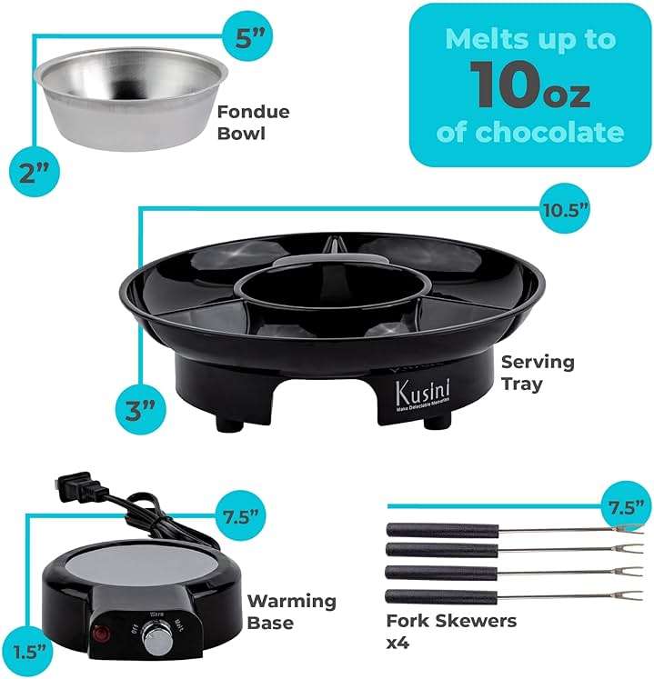 Kusini Electric Fondue Pot Set - Chocolate Fondue Kit - Temperature Control, Detachable Serving Trays, & 4 Roasting Forks - Gift Set & Date Night Idea. Serve at Movie Night or Game Night. - Image 3