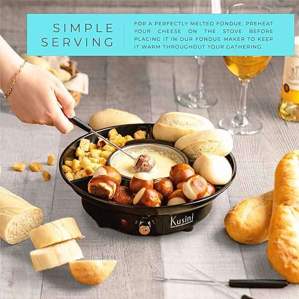 Kusini Electric Fondue Pot Set - Chocolate Fondue Kit - Temperature Control, Detachable Serving Trays, & 4 Roasting Forks - Gift Set & Date Night Idea. Serve at Movie Night or Game Night. - Image 6