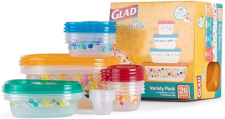 Glad for Kids GladWare Back to School Food Storage Containers with Lids, BPA Free Plastic Variety Pack Rainbow Patterns for Kids Lunches and Snacks, Microwave Freezer Dishwasher Safe, 26 Piece Set - Image 1
