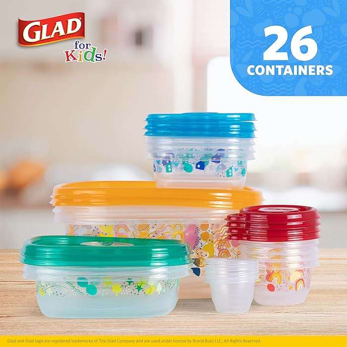 Glad for Kids GladWare Back to School Food Storage Containers with Lids, BPA Free Plastic Variety Pack Rainbow Patterns for Kids Lunches and Snacks, Microwave Freezer Dishwasher Safe, 26 Piece Set - Image 2