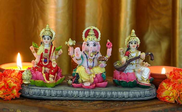 alikiki India Laxmi Ganesh Saraswati Statue - 3.9”H Indian God Lakshmi Ganesha Saraswati Idol Figurine Hindu Diwali Gifts Diwali Decoration Home Office Mandir Temple Pooja Item - Image 2