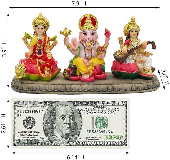 alikiki India Laxmi Ganesh Saraswati Statue - 3.9”H Indian God Lakshmi Ganesha Saraswati Idol Figurine Hindu Diwali Gifts Diwali Decoration Home Office Mandir Temple Pooja Item - Image 3