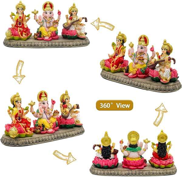 alikiki India Laxmi Ganesh Saraswati Statue - 3.9”H Indian God Lakshmi Ganesha Saraswati Idol Figurine Hindu Diwali Gifts Diwali Decoration Home Office Mandir Temple Pooja Item - Image 6