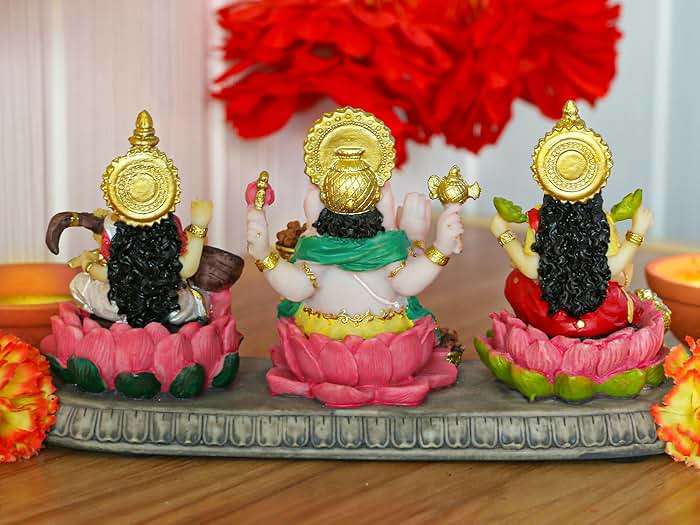 alikiki India Laxmi Ganesh Saraswati Statue - 3.9”H Indian God Lakshmi Ganesha Saraswati Idol Figurine Hindu Diwali Gifts Diwali Decoration Home Office Mandir Temple Pooja Item - Image 8