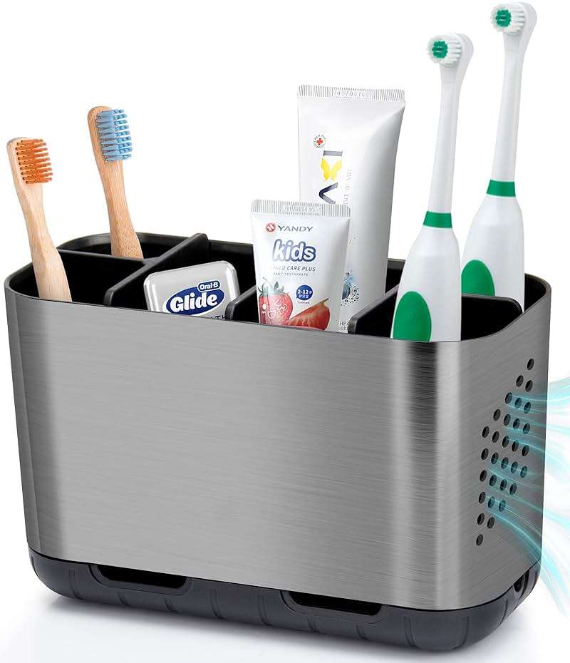 Boperzi Toothbrush and Toothpaste Holder Brushed Nickel Drainage for Bathroom Vanity, Large Electric Toothbrush Storage Caddy Anti-Slip Rustic with Adjustable Dividers for Family, Kids - Image 1
