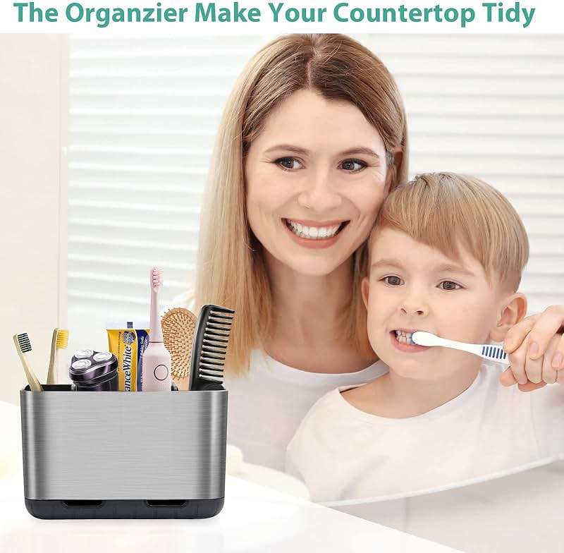 Boperzi Toothbrush and Toothpaste Holder Brushed Nickel Drainage for Bathroom Vanity, Large Electric Toothbrush Storage Caddy Anti-Slip Rustic with Adjustable Dividers for Family, Kids - Image 7