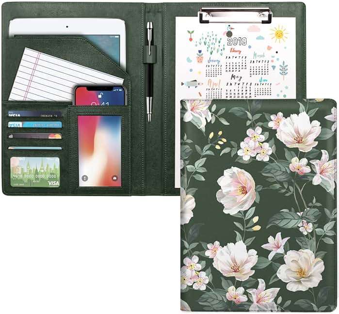 WAVEYU Portfolio Case for Women, Padfolio Cover for Girls, Conference/Resume/Legal Document Organizer with Letter/A4 Size Clipboard Hardboard, Business Card Holders, Green Flower - Image 1