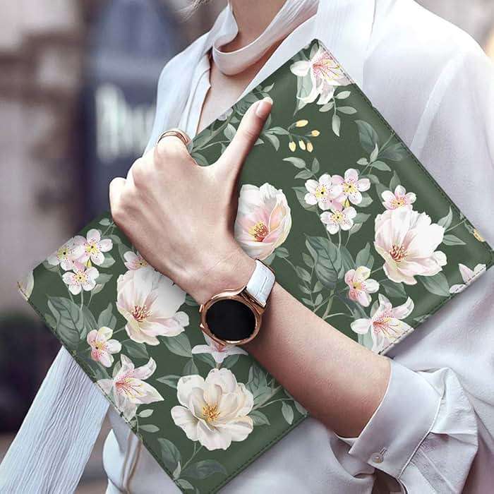 WAVEYU Portfolio Case for Women, Padfolio Cover for Girls, Conference/Resume/Legal Document Organizer with Letter/A4 Size Clipboard Hardboard, Business Card Holders, Green Flower - Image 3