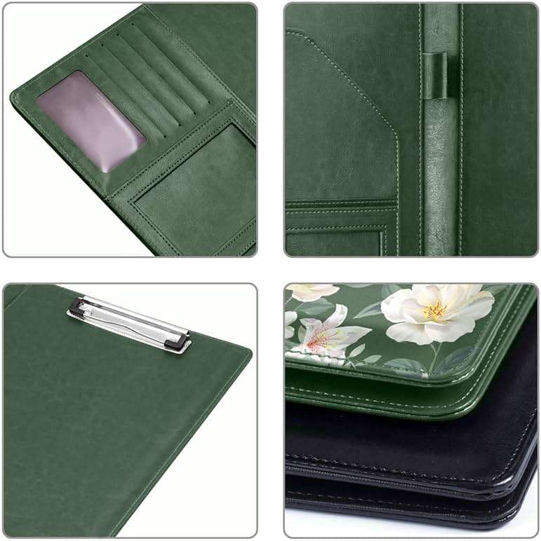 WAVEYU Portfolio Case for Women, Padfolio Cover for Girls, Conference/Resume/Legal Document Organizer with Letter/A4 Size Clipboard Hardboard, Business Card Holders, Green Flower - Image 6