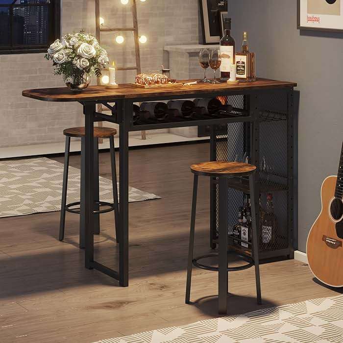 Bestier Bar Table and Chair Set, Expandable Dining Table with 2 Bar Stools, Industrial Kitchen Counter with Wine Rack & 3 Tier Adjustable Storage Shelves Rustic Brown - Image 1