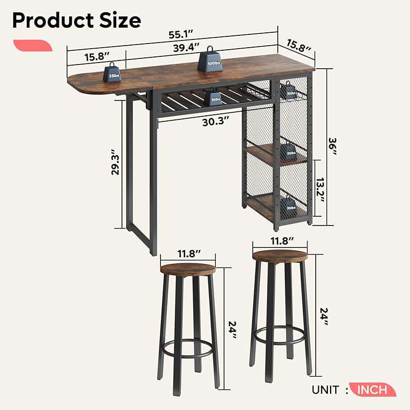 Bestier Bar Table and Chair Set, Expandable Dining Table with 2 Bar Stools, Industrial Kitchen Counter with Wine Rack & 3 Tier Adjustable Storage Shelves Rustic Brown - Image 2