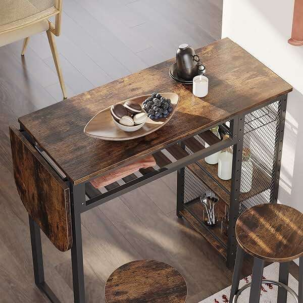 Bestier Bar Table and Chair Set, Expandable Dining Table with 2 Bar Stools, Industrial Kitchen Counter with Wine Rack & 3 Tier Adjustable Storage Shelves Rustic Brown - Image 3
