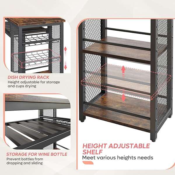 Bestier Bar Table and Chair Set, Expandable Dining Table with 2 Bar Stools, Industrial Kitchen Counter with Wine Rack & 3 Tier Adjustable Storage Shelves Rustic Brown - Image 4