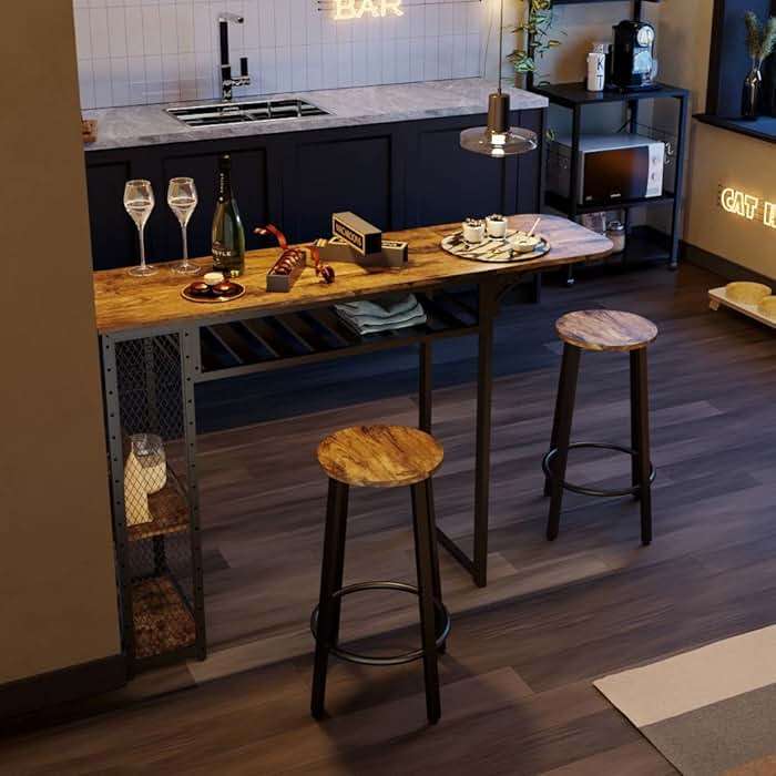 Bestier Bar Table and Chair Set, Expandable Dining Table with 2 Bar Stools, Industrial Kitchen Counter with Wine Rack & 3 Tier Adjustable Storage Shelves Rustic Brown - Image 5