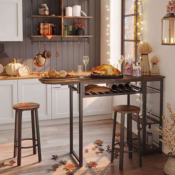 Bestier Bar Table and Chair Set, Expandable Dining Table with 2 Bar Stools, Industrial Kitchen Counter with Wine Rack & 3 Tier Adjustable Storage Shelves Rustic Brown - Image 6