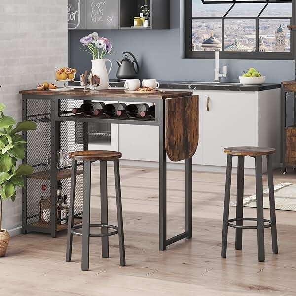 Bestier Bar Table and Chair Set, Expandable Dining Table with 2 Bar Stools, Industrial Kitchen Counter with Wine Rack & 3 Tier Adjustable Storage Shelves Rustic Brown - Image 7