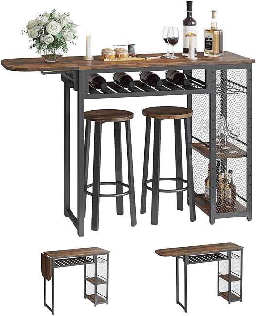 Bestier Bar Table and Chair Set, Expandable Dining Table with 2 Bar Stools, Industrial Kitchen Counter with Wine Rack & 3 Tier Adjustable Storage Shelves Rustic Brown - Image 8